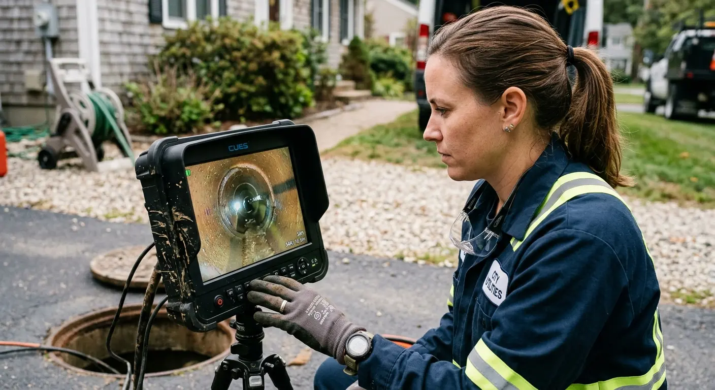 Technician reviewing sewer camera inspection footage in East Brunswick