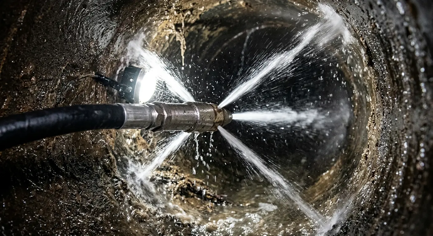 High-pressure hydro jetting nozzle cleaning sewer pipe for Trenchless Sewer Repair in East Brunswick
