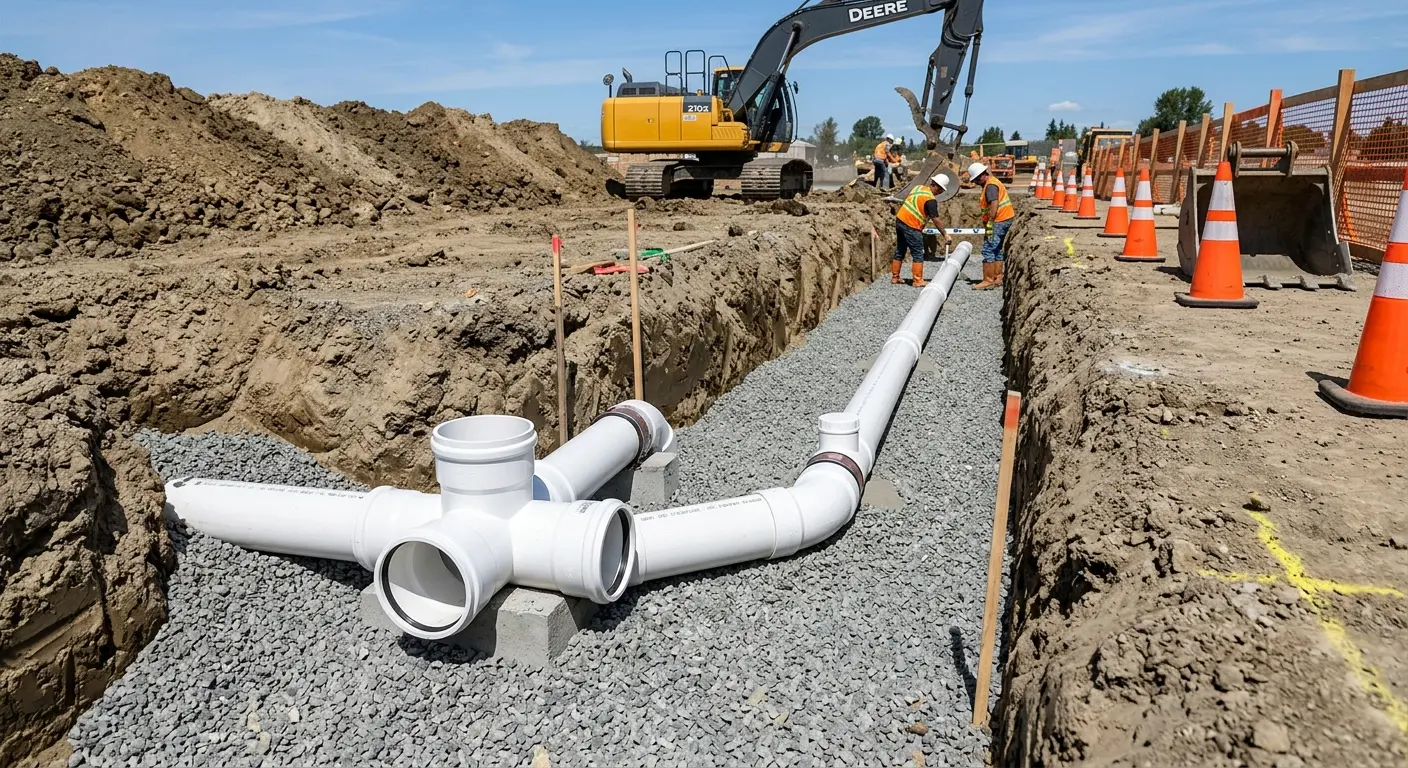 New PVC sewer pipe installation in open trench for Commercial Drain Cleaning in East Brunswick