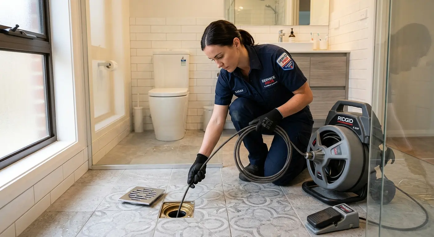 Technician clearing a bathroom floor drain for Clogged Drain Repair in East Brunswick
